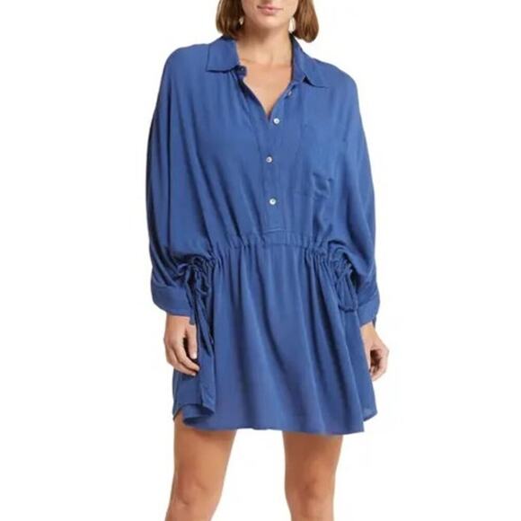 Elan Tunic  Shirt Dress Long Sleeve Collared Button-Up Mini Rayon Blue M NWOT - Picture 1 of 7